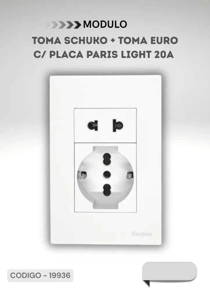 MODULO TOMA SCHUKO+TOMA EURO C/ PLACA PARIS LIGHT 20A BLANCO