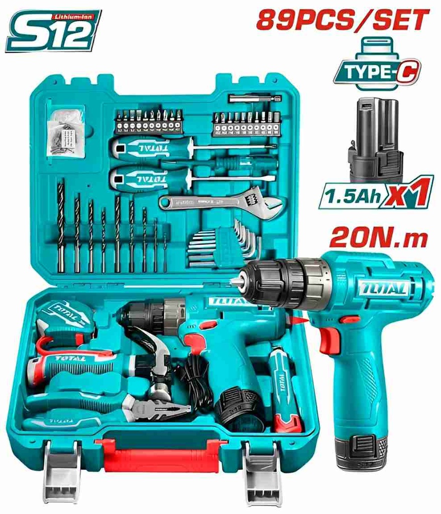 TALADRO A BATERÍA 12V (TIPO C) 20NM C/ JUEGO DE HERRAMIENTAS (89 PZS)