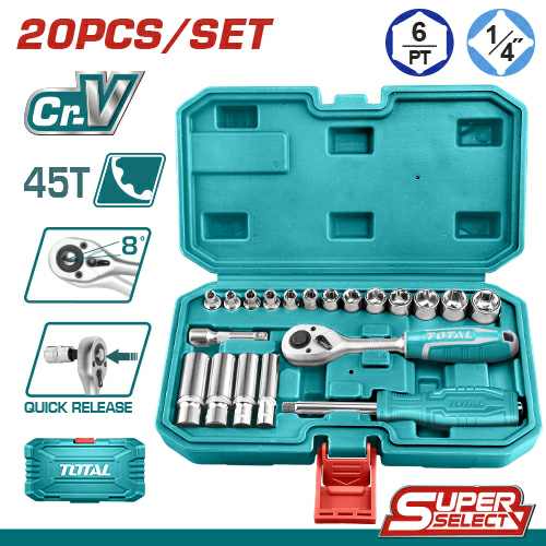 MALETIN CON CARRACA LLAVE TUBO Y ACCESORIOS 1/4 20PZ