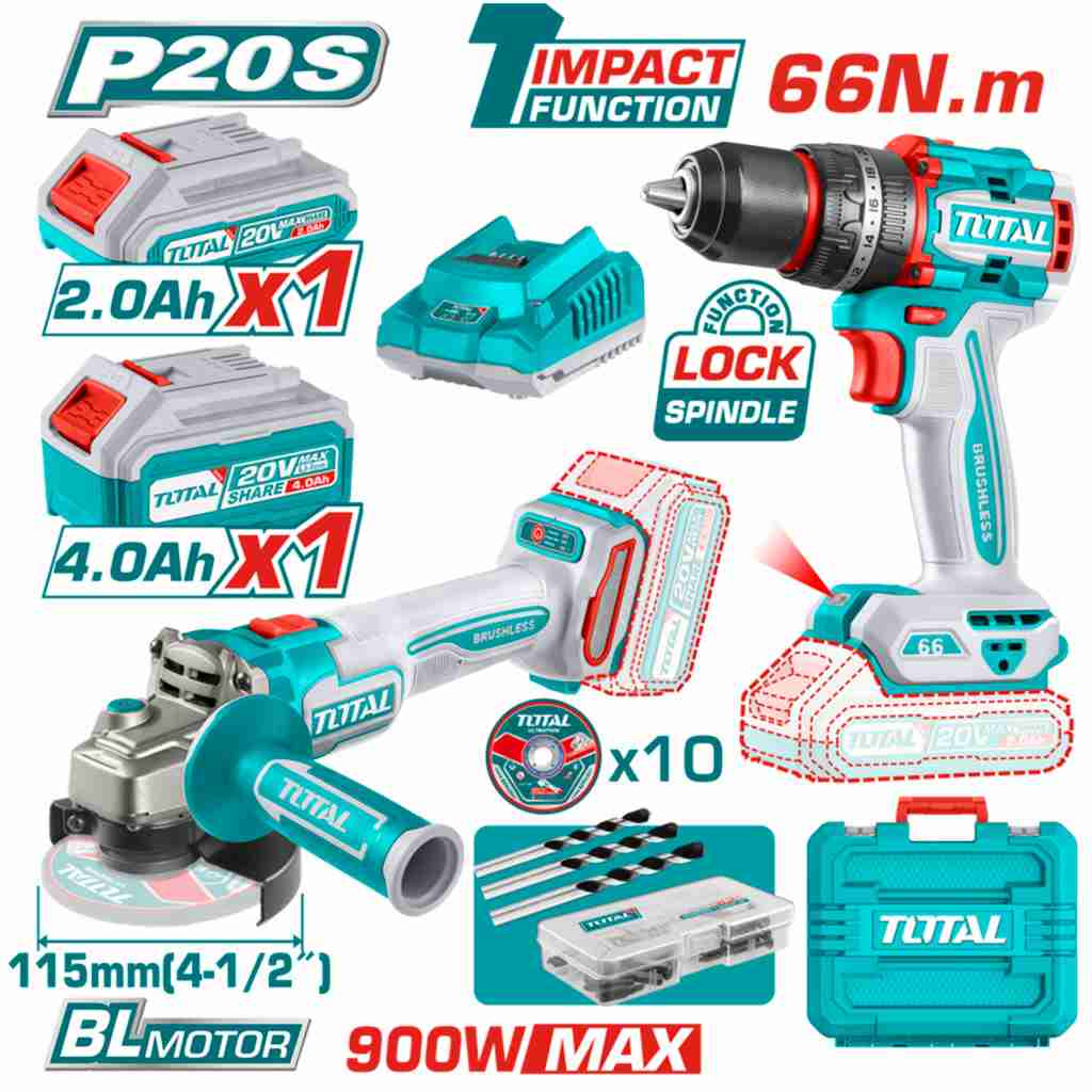KIT TALADRO PERCUTOR 55NM Y AMOLADORA 115MM A BATERÍAS 20V BL - 2BAT/CAR - TCKLI20273 - TOTAL