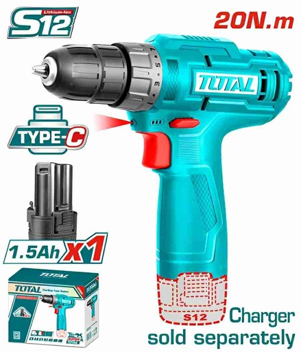 [TOTAL - TDLI12428]  TALADRO A BATERÍA 12V (TIPO C) 20NM - BAT  NO INCLUYE CARGADOR 