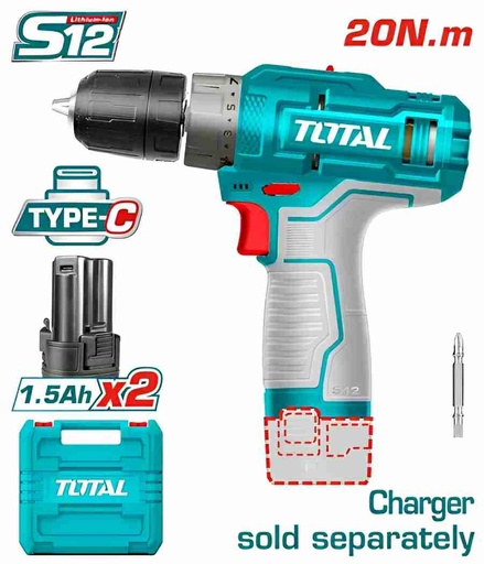 [TOTAL - TDLI12202]  TALADRO A BATERÍA 12V (TIPO C) 20NM - 2BAT - TOTAL SIN CARGADOR