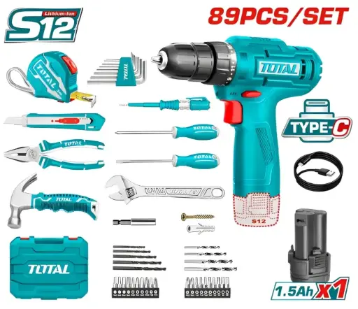 [TOTAL -THKTHP10892] TALADRO A BATERÍA 12V (TIPO C) 20NM C/ JUEGO DE HERRAMIENTAS (89 PZS)
