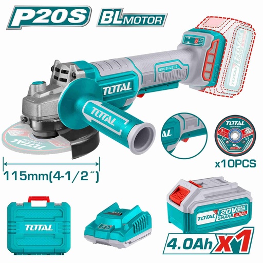 [TOTAL - TAGLI2111561] AMOLADORA 20V 115MM KIT BATERÍA MÁS CARGADOR 