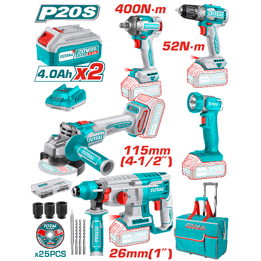 [TOTAL -TCKLI2058] JUEGO INDUSTRIAL DE HERRAMIENTAS 20V 2BAT/CAR BOLSON
