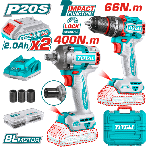 [TOTAL-TCLLI20275]  KIT LLAVE DE IMPACTO Y TALADRO  A BATERIA 20V 