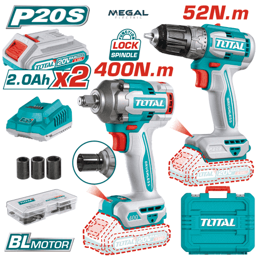 [TOTAL-TCKLI20271] LLAVE DE IMPACTO 400NM Y TALADRO 52NM A BATERIA 20V 2BAT+CARG - TCKLI20271