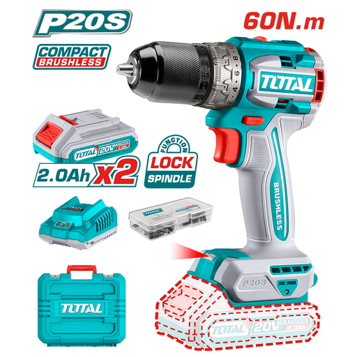 [TOTAL-TDLI20602] TALADRO ATORN A BATERIA 20V 60NM COMPACTO BL 2BAT/CAR