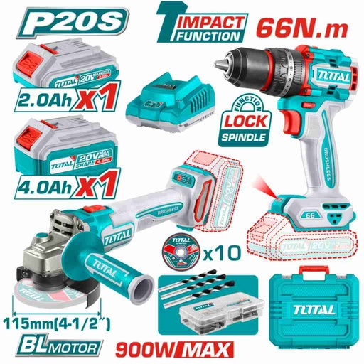 [TOTAL - TCKLI20273] KIT TALADRO PERCUTOR 66NM Y AMOLADORA 115MM A BATERÍAS 20V BL - 2BAT/CAR