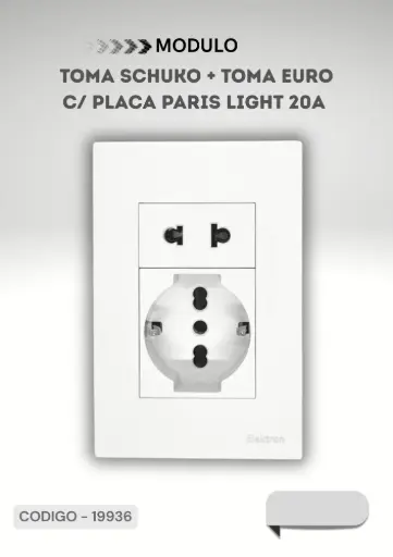 [ELEKTRON - C19936] MODULO TOMA SCHUKO+TOMA EURO C/ PLACA PARIS LIGHT 20A BLANCO